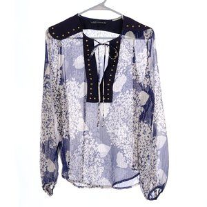 Zara Woman Sheer Navy Top Gold Studs Small